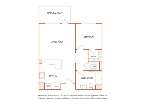 Floor plan for 1 bed, 1 bath, 722 sqft